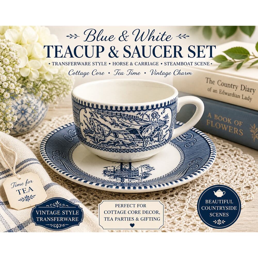Blue White Teacup Saucer Set Vintage Style Transferware Cottage Core Tea Set